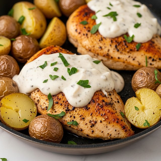 The image shows a close-up of a dish with cooked chicken breasts on the bottom layer, browned and seasoned with black pepper and herbs, giving them a golden crispy texture. On top of the chicken is a creamy white sauce with chopped green herbs scattered over it. Surrounding the chicken in the same pan are small roasted baby potatoes with a slightly golden skin, some cut in half showing a soft, tender inside. The dish is set on a white marbled surface. Photo taken with an iphone --ar 4:5 --v 7