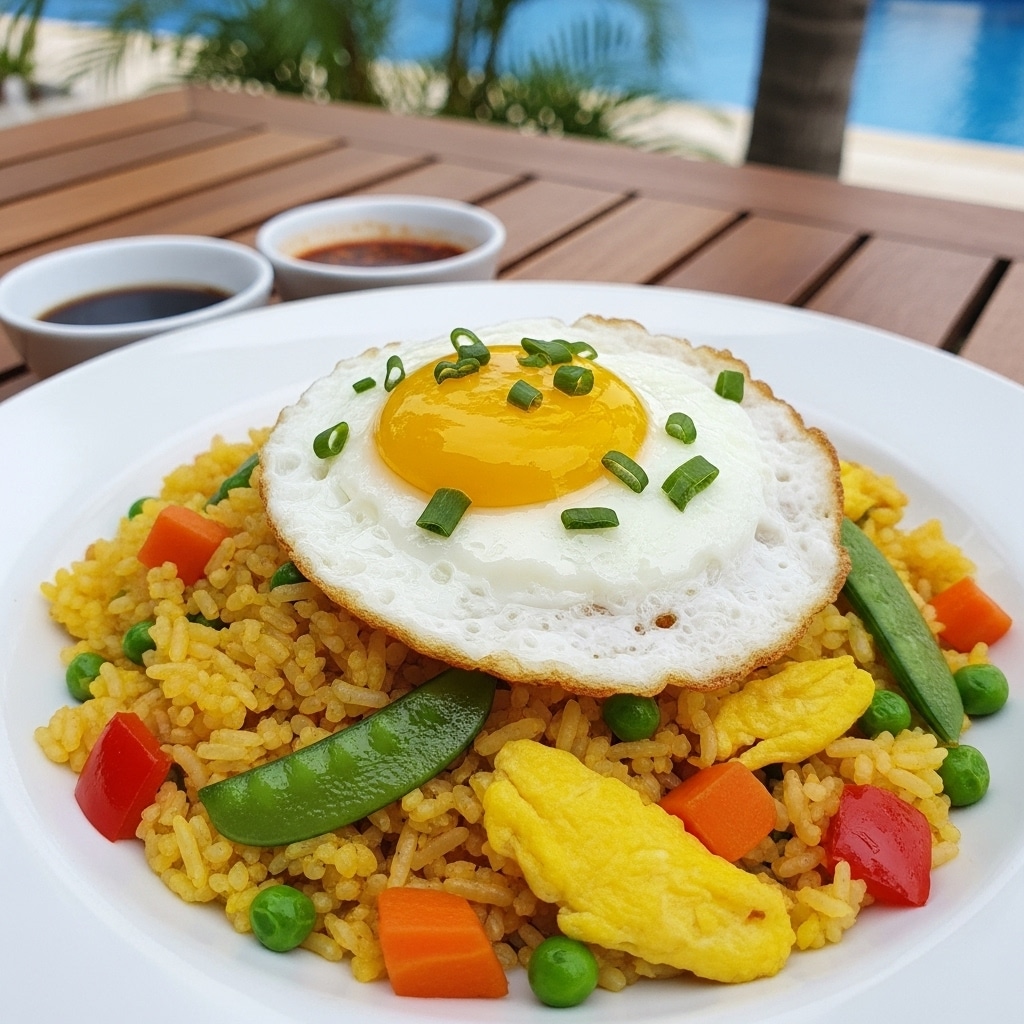 A white plate holds a large serving of fried rice mixed with scrambled egg pieces, green peas, diced orange carrots, and small red bell pepper chunks, with the rice grains showing a light brown fried color. On top of the rice is a sunny-side-up fried egg with a bright yellow yolk and slightly crispy white edges, sprinkled with green chopped scallions. To the side of the plate, there are two small white dishes, one with a dark red chili sauce and the other with a dark soy-like sauce. The setup rests on a brown wooden surface, with a blue swimming pool and lounge chairs blurred in the background. photo taken with an iphone --ar 4:5 --v 7
