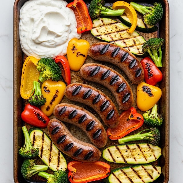 A baking tray filled with seven grilled sausages, each showing dark grill marks and a shiny, browned skin. The sausages are surrounded by roasted vegetable pieces, including red and yellow bell peppers, sliced zucchini discs with browned edges, and orange carrot sticks. In the top left corner of the tray, there is a dollop of thick creamy white sauce with a slightly uneven texture. The tray is placed on a white marbled surface. Photo taken with an iphone --ar 4:5 --v 7