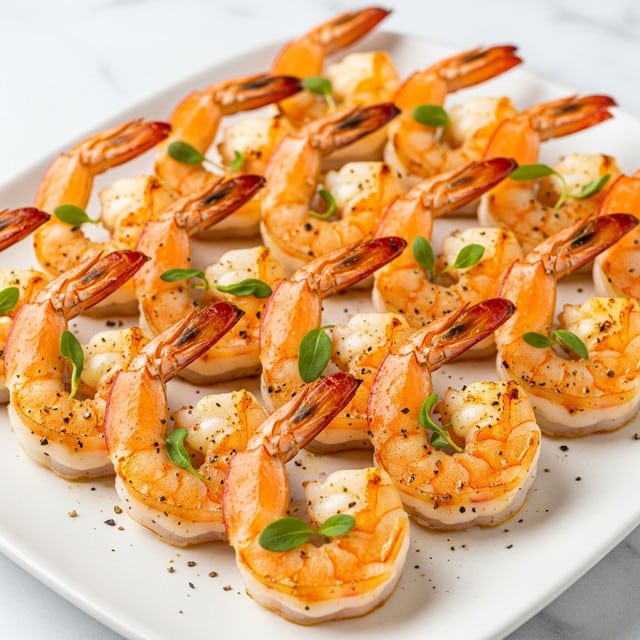 The image shows a close-up view of cooked shrimp arranged closely together in one layer on a white plate. Each shrimp is orange with white sections and has a slightly shiny, juicy texture with some charred spots. The shrimp are sprinkled evenly with small green herb pieces and black pepper, adding a speckled look of green and black on the orange and white shrimp. The background is a white marbled surface. Photo taken with an iphone --ar 4:5 --v 7