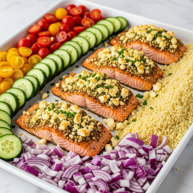 The image shows a white tray filled with four pieces of cooked salmon topped with a crumbly nut and herb mix and small bits of white cheese. Each salmon piece is a pinkish-orange color with a slightly crispy top layer. Around the salmon are small, colorful cherry tomatoes in red and yellow, slices of bright green cucumber, chopped purple onion pieces, and a mound of fluffy yellow couscous. The tray sits on a white marbled surface, and the overall look is fresh and healthy with a variety of colors and textures. photo taken with an iphone --ar 4:5 --v 7
