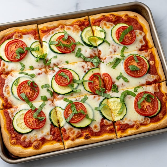 The image shows a rectangular pizza cut into square pieces, baked in a metal pan. The pizza has a golden-brown crust as the base layer with melted cheese covering it, showing small browned spots. On top, there are thin circular slices of green zucchini and red tomato, each layer spread evenly across the pizza. Small green pieces of fresh basil are sprinkled over the vegetables, adding a fresh touch. The pan rests on a surface with a white marbled texture. Photo taken with an iphone --ar 4:5 --v 7