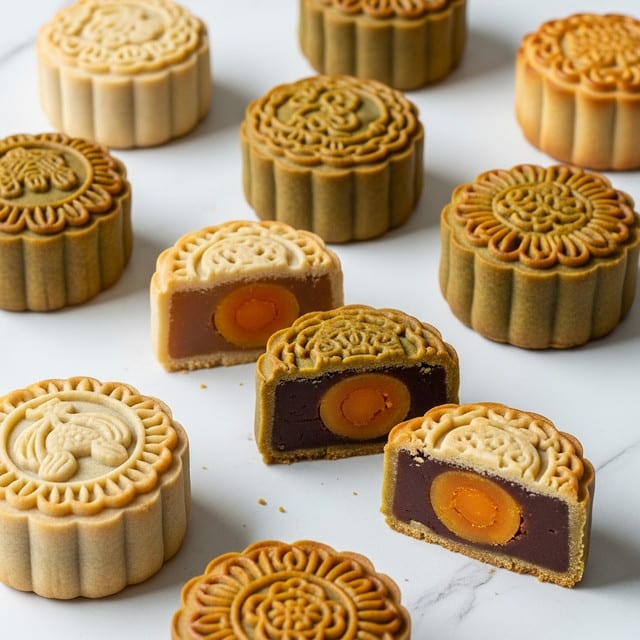 The image shows round mooncakes arranged on a white marbled surface, with two cut in half to reveal their inner layers. Each mooncake has two outer color varieties: a pale yellow and a greenish tone, both embossed with detailed dragon or floral patterns on the top. The cross-section of the mooncakes shows three layers: the outer shell matching the mooncake color, a thick dark brown filling beneath, and a bright orange egg yolk center. The surface texture of the mooncakes looks smooth and slightly glossy. Photo taken with an iphone --ar 4:5 --v 7