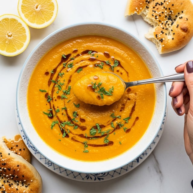 A white bowl with blue patterns holds smooth orange soup, likely pumpkin or carrot, with dark brown drops of oil or sauce drizzled on top in a loose circle. Small green herb pieces are sprinkled lightly over the surface. A spoon scooping some of the soup is being held by a woman's hand at the bottom right of the image. Next to the bowl, pieces of flatbread with black seeds are placed on a white marbled surface, and two lemon slices with green parsley are arranged behind the bowl at the top left corner. photo taken with an iphone --ar 4:5 --v 7