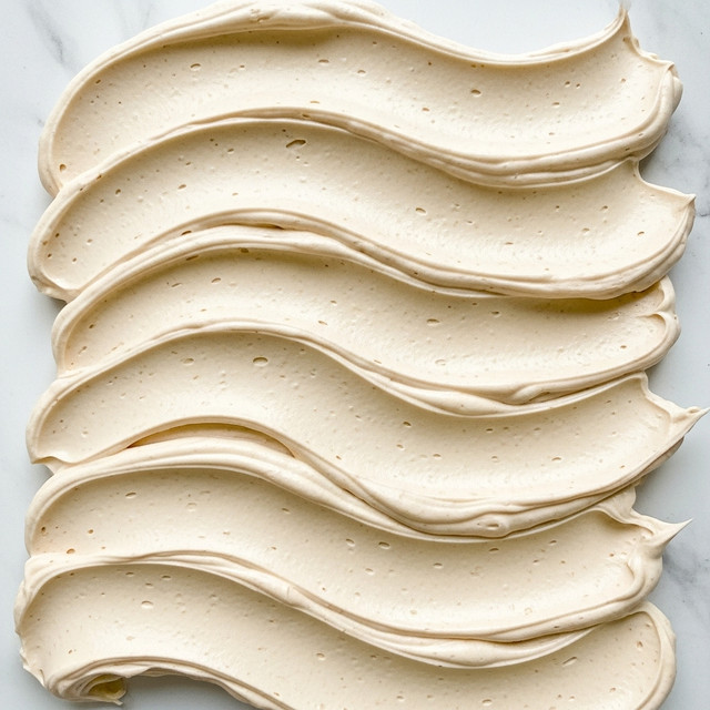 A close-up view of a smooth, creamy frosting spread evenly with thick swirling patterns that create soft waves and peaks. The frosting is light beige in color with a fluffy texture and tiny bubbles scattered throughout. The surface shows a rich, soft, and slightly glossy finish, emphasizing its velvety consistency. The background features a white marbled texture, highlighting the delicate and airy nature of the frosting. photo taken with an iphone --ar 4:5 --v 7