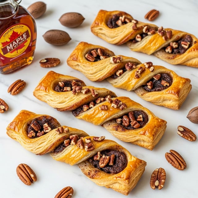 Four golden brown braided pastries topped with small pieces of chopped nuts are placed on a light wooden surface, surrounded by scattered whole pecans. The pastries have a shiny, flaky texture with visible layers of dough braided over a dark filling inside. A round bottle of amber maple syrup with a gold cap lies next to the pastries. photo taken with an iphone --ar 4:5 --v 7