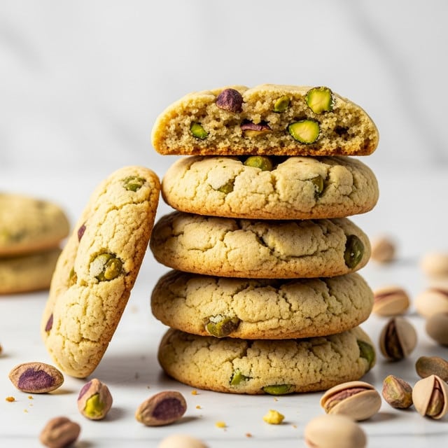 A stack of six light golden-brown cookies with visible pieces of green and brown pistachios embedded throughout. The cookies have a soft, crumbly texture, with the top cookie broken in half, showing a slightly rough interior dotted with pistachio bits. One cookie leans against the stack on the left side, revealing its thickness and rough edges. Scattered pistachio nuts and crumbs lie around the stack on a white marbled surface, creating a natural and inviting scene. Photo taken with an iphone --ar 4:5 --v 7