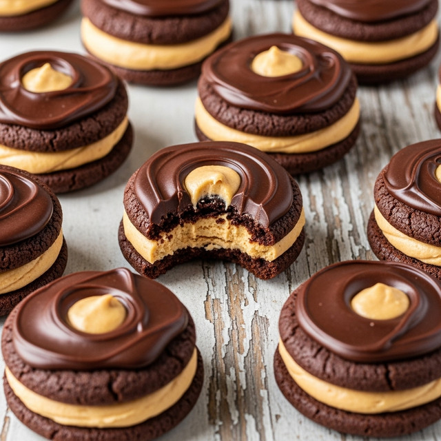 Round cookies are shown on a worn metal tray, each with three layers: a dark brown, slightly rough base cookie, a middle layer of light tan creamy filling, and a top layer of thick, smooth dark chocolate spread with gentle swirling patterns. One cookie near the center is stacked and bitten, revealing the soft layers inside. The cookies are spaced evenly, showing the contrast between the rich chocolate top and the creamy center. The image has an inviting, homemade look. Photo taken with an iphone --ar 4:5 --v 7