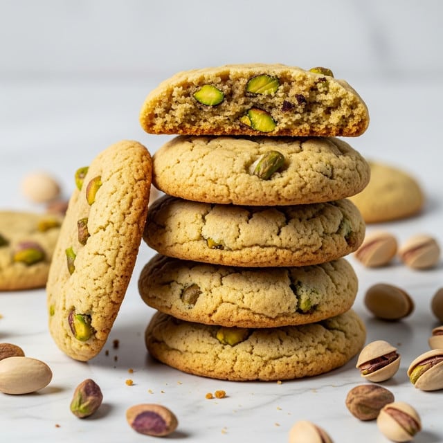 A stack of six golden cookies with visible green and brown pistachio pieces mixed throughout, sitting on a white marbled surface. The top cookie is broken in half, showing a soft and crumbly interior with bits of pistachio embedded inside. Two whole cookies lean against the stack, highlighting the rough texture and nutty chunks. Scattered pistachio nuts and cookie crumbs surround the stack, enhancing the fresh and rustic feel of the scene. photo taken with an iphone --ar 4:5 --v 7