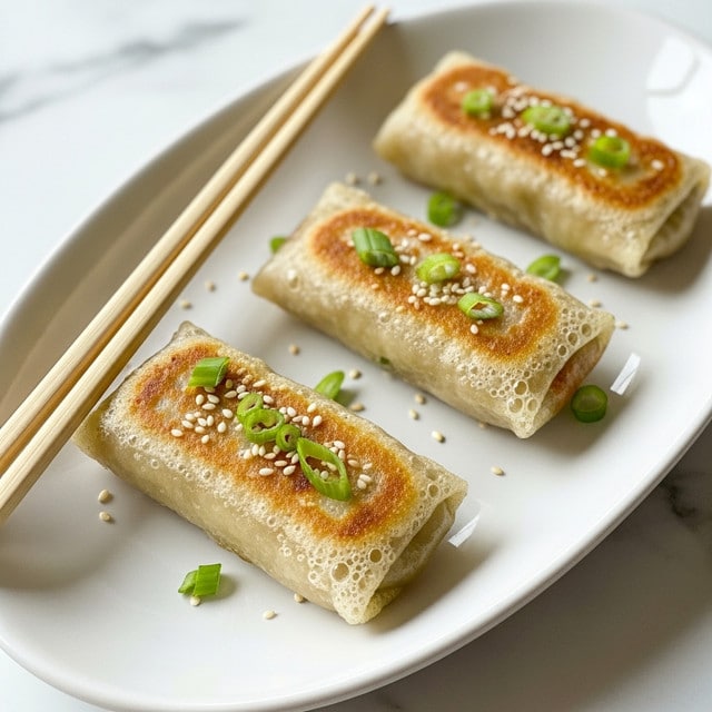 Three golden-brown crispy spring rolls with a bubbled, textured skin sit side by side on a long white plate. Each roll is topped with small white sesame seeds and scattered green chopped spring onions. The rolls have a crunchy, slightly blistered surface with frying marks and a few dark spots, indicating a well-cooked outer layer. Some tiny bits of red chili flakes and sesame seeds decorate the plate around the rolls. On the left side of the plate, two light wooden chopsticks rest parallel to the rolls. The plate is placed on a clean white marbled surface. photo taken with an iphone --ar 4:5 --v 7