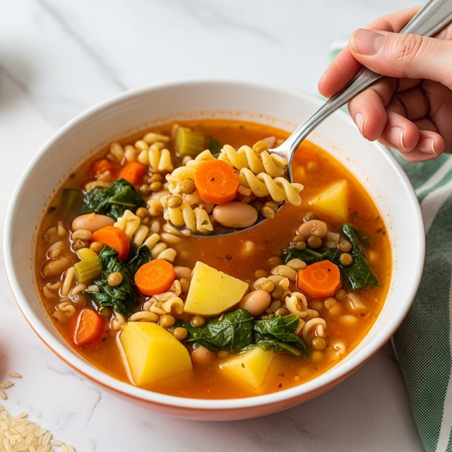A white bowl with an orange rim holds a warm soup filled with many colorful ingredients. The soup broth is orange and thick, with pieces of yellow potato, small orange carrot cubes, white beans, green leafy vegetables, and tiny lentils floating together. There are also small pieces of light yellow pasta mixed in. A woman's hand is holding a spoon lifting some soup, showing a mix of pasta, beans, and greens. The bowl sits on a white marbled surface with some rice grains scattered near the edge and part of a green striped cloth visible. photo taken with an iphone --ar 4:5 --v 7