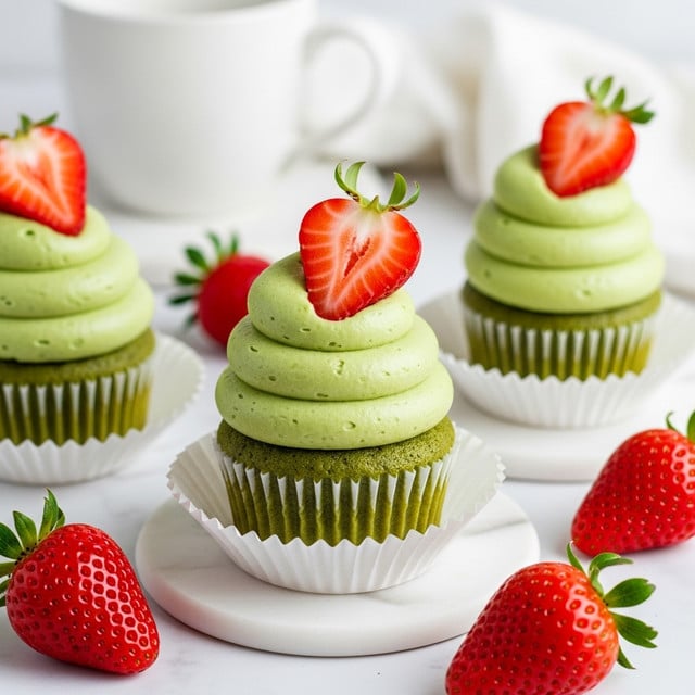 A close-up of three cupcakes placed on a white marbled surface, each cupcake wrapped in a white paper cup. Each cupcake has two thick swirls of pale green frosting forming a tall and fluffy shape on top. A fresh red strawberry half with green stem is placed on top of each frosting swirl. Red whole strawberries with bright green leaves are scattered around the cupcakes, adding contrast. In the background, there is a white plate holding more cupcakes and a white mug with a handle slightly visible. The lighting is soft, highlighting textures of the frosting and strawberries. Photo taken with an iphone --ar 4:5 --v 7