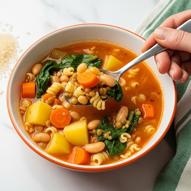 A white bowl with a thin orange rim is filled with a thick soup made of small pasta shapes, lentils, white beans, chunks of yellow potato, orange carrot pieces, and bright green leafy vegetables all mixed in a rich orange broth. A woman's hand holds a silver spoon scooping up some pasta, lentils, and greens from the top right edge of the bowl. The bowl sits on a white marbled surface with a small pile of white rice grains nearby and a light green cloth partially visible at the bottom. photo taken with an iphone --ar 4:5 --v 7