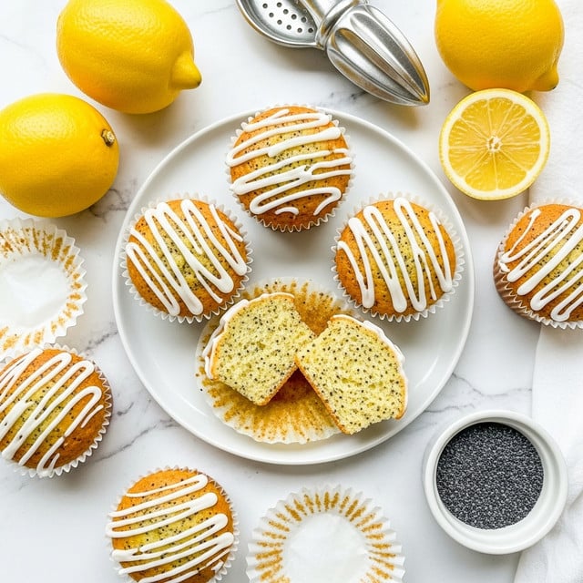 The image shows several lemon poppy seed muffins arranged on a white marbled texture. There are four whole muffins with a light golden color and white drizzled icing on top, each sitting in white paper liners. One muffin is cut in half, revealing a soft yellow inside dotted with black poppy seeds. These halves rest on a white plate with the muffin liners spread around it. Surrounding the muffins are whole fresh bright yellow lemons, one cut in half exposing its juicy inside, and a small white bowl filled with black poppy seeds. A silver lemon squeezer and a white cloth are also visible on the background. photo taken with an iphone --ar 4:5 --v 7