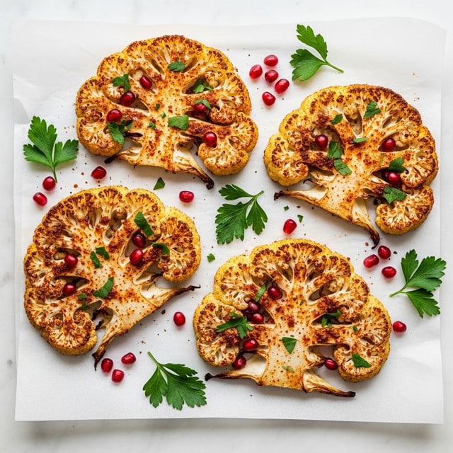 The image shows four thick slices of roasted cauliflower arranged on a sheet of white parchment paper over a white marbled surface. Each cauliflower slice is golden brown with crispy, slightly charred edges and is coated with a layer of reddish spices. Scattered on and around the cauliflower slices are small bright red pomegranate seeds and fresh green parsley leaves, adding pops of color. The overall look is rustic and appetizing with a mix of warm tones from the cauliflower and cool tones from the garnishes. photo taken with an iphone --ar 4:5 --v 7