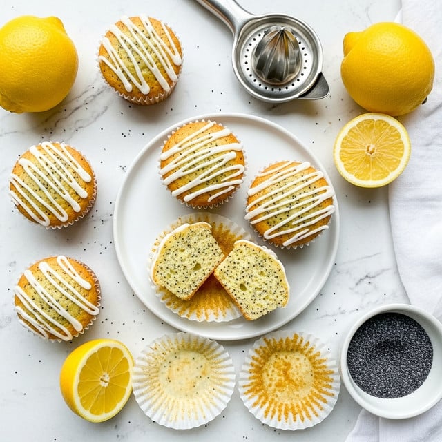 The image shows several lemon poppy seed muffins with light golden tops and small black poppy seeds throughout. Each muffin has a drizzle of white icing across the top in thin stripes. One muffin is cut in half, showing its soft, yellow inside dotted with poppy seeds, resting inside a white cupcake liner that is open and laid flat on a white speckled plate in the center. Surrounding the plate are whole and halved bright yellow lemons, a small white bowl filled with poppy seeds, a metal lemon squeezer, and a white cloth, all placed on a white marbled surface. The scene has a fresh, bright feel with the contrast of yellow, white, and black colors. photo taken with an iphone --ar 4:5 --v 7