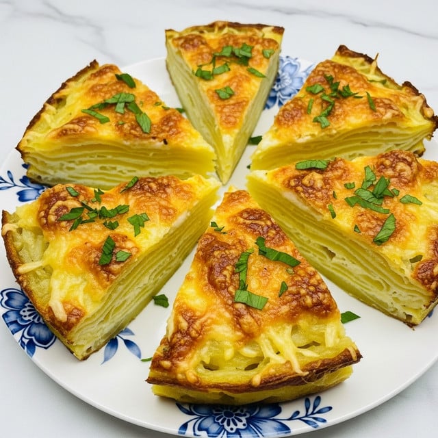 The image shows six triangular slices of a layered potato dish arranged on a white plate with blue floral designs on a white marbled surface. Each slice has about 8 visible thin layers of golden, creamy baked potato with a slightly crispy, browned cheese topping. The cheese crust has some toasted spots and is sprinkled with finely chopped green herbs, adding pops of fresh color. The texture looks soft inside but crisp and rich on top, with a few melted cheese bits around the edges. Some slices have a slight golden crust on the sides showing the layered potatoes clearly. Photo taken with an iphone --ar 4:5 --v 7