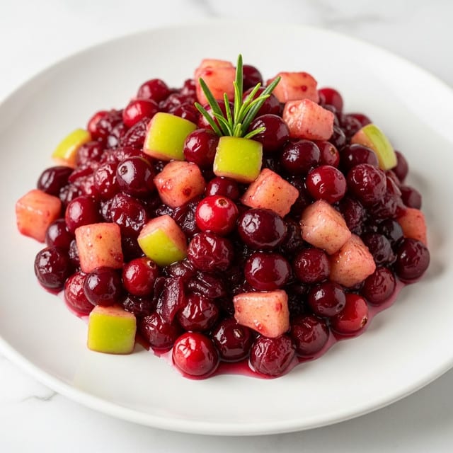 A white plate on a white marbled surface holds a mound of shiny, deep red cranberry sauce mixed with whole cranberries and small chunks of green and red apples. The sauce looks thick and glossy, with pieces of apple evenly spread throughout the top layer. A small sprig of fresh green rosemary lies on top for decoration. The close-up shows the rich texture and fresh look of the sauce and fruit pieces. photo taken with an iphone --ar 4:5 --v 7