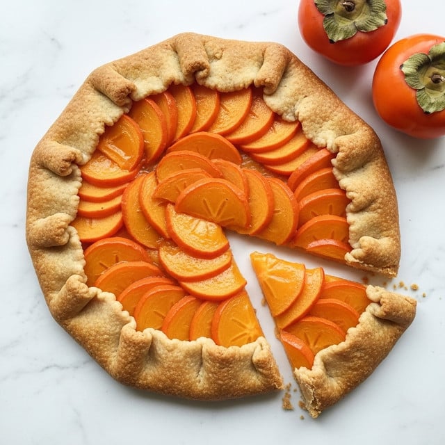 A rustic round galette with a thick, golden-brown crust folded inward over the edge of its filling, showing a crinkled, flaky texture and a glossy finish. Inside, there are many slices of orange persimmon fruit layered closely together, with soft, smooth, slightly translucent flesh that glistens under the light. The galette sits on white parchment paper, with two whole persimmons placed near it on a white marbled surface. A silver cake server is underneath a slice being lifted, displaying the crust’s thickness. Photo taken with an iphone --ar 4:5 --v 7