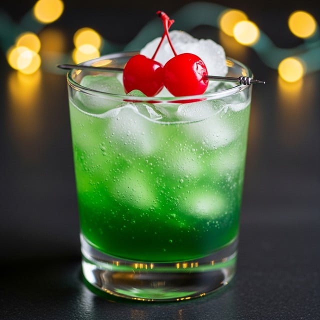The image shows two short white glasses filled with a bright green drink with ice inside. Each glass has a smooth layer of white foam on top, topped with two small red cherries. The glasses are placed on a clear white marbled surface, with blurred warm yellow lights in the background, giving a cozy feel. photo taken with an iphone --ar 4:5 --v 7