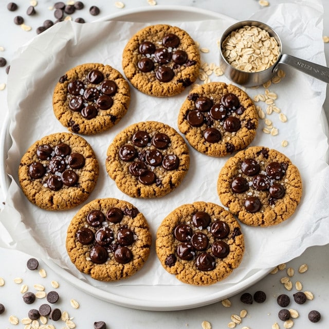 The image shows a white round plate lined with crumpled white parchment paper, holding seven golden brown cookies with visible uneven chocolate chunks and small chocolate chips scattered across their rough, slightly crumbly tops. The cookies are thick and look soft, with some sparkling granules of coarse salt on top. Around the plate, there are a few extra cookies placed directly on the white marbled texture, along with scattered chocolate chips and some oat flakes. In the back right, there is a small metal cup filled with raw oats spilling slightly onto the surface. A dark gray striped cloth is partially visible on the left side. Photo taken with an iphone --ar 4:5 --v 7