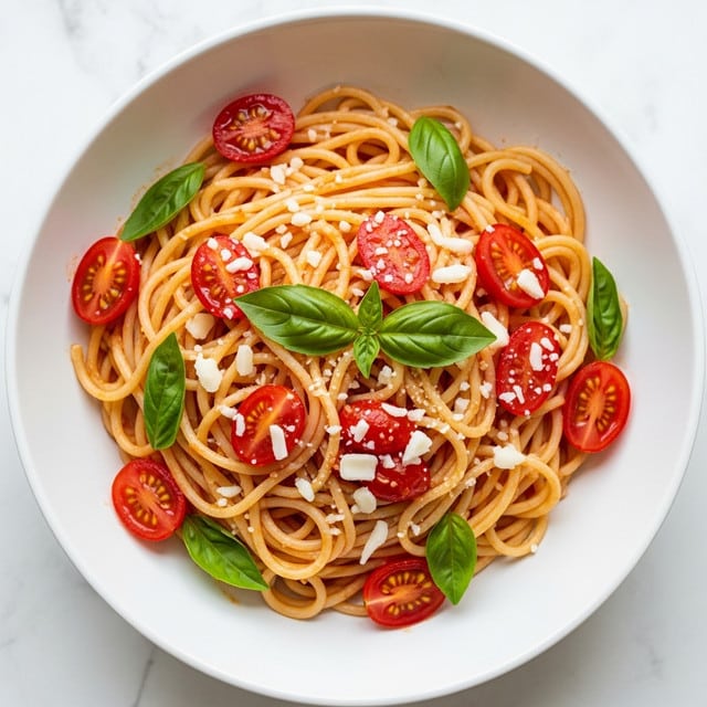 A white bowl filled with cooked spaghetti pasta tangled in a light red tomato sauce, scattered with bright red cherry tomato halves and fresh green basil leaves. The pasta strands are glossy and mixed evenly with the sauce and tomatoes. Small white shreds of grated cheese are sprinkled over the top, adding texture to the soft pasta and juicy tomatoes. The dish sits on a white marbled surface with a clean, simple background. photo taken with an iphone --ar 4:5 --v 7