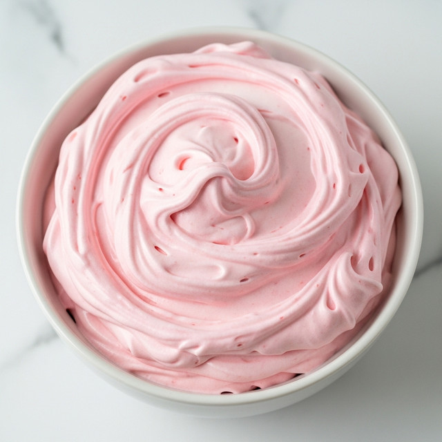 A close-up view of a smooth, creamy pink whipped mixture with glossy, soft peaks and gentle swirls, all sitting in a simple white bowl. The texture looks light and airy, with subtle color changes from pale pink to white throughout the mix, giving it a fluffy, cloud-like appearance. The bowl rests on a white marbled surface. photo taken with an iphone --ar 4:5 --v 7