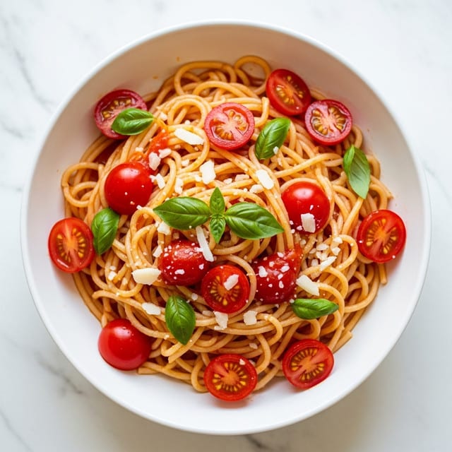 A close-up view of a white bowl filled with spaghetti pasta twisted in thin, yellow strands, mixed with bright red cherry tomato pieces scattered throughout. Fresh green basil leaves add pops of color across the dish. Finely grated white cheese is sprinkled over the pasta, adding texture contrast and light highlights. The background is a white marbled texture. Photo taken with an iphone --ar 4:5 --v 7
