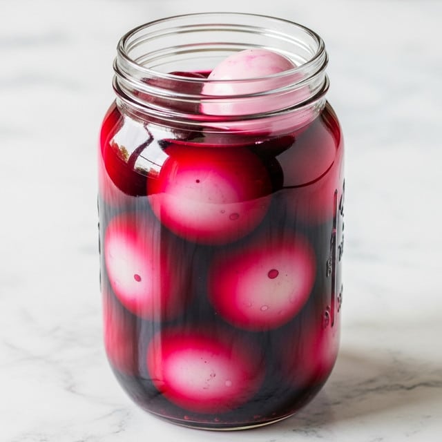 A clear glass jar filled with dark purple liquid, with white eggs inside it that have patches of purple coloring from the liquid. The eggs are submerged halfway, with the top half of some eggs touching the jar's glass. The jar is placed on a white marbled texture surface. photo taken with an iphone --ar 4:5 --v 7