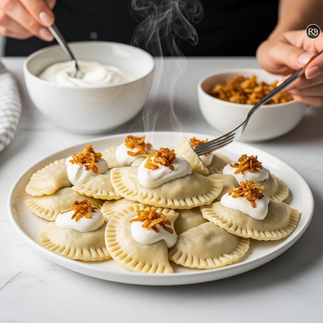 A white plate holds a neat pile of half-moon shaped dumplings with crimped edges, each dumpling light beige in color and topped with a small heap of golden brown fried onions. On top of the dumplings is a dollop of white sour cream. In the background, there is a white bowl filled with more sour cream and a white bowl with additional fried onions on a white marbled surface. A woman's hand is holding a fork, ready to take a bite. The whole scene looks warm and inviting, with steam rising from the dumplings. Photo taken with an iphone --ar 4:5 --v 7
