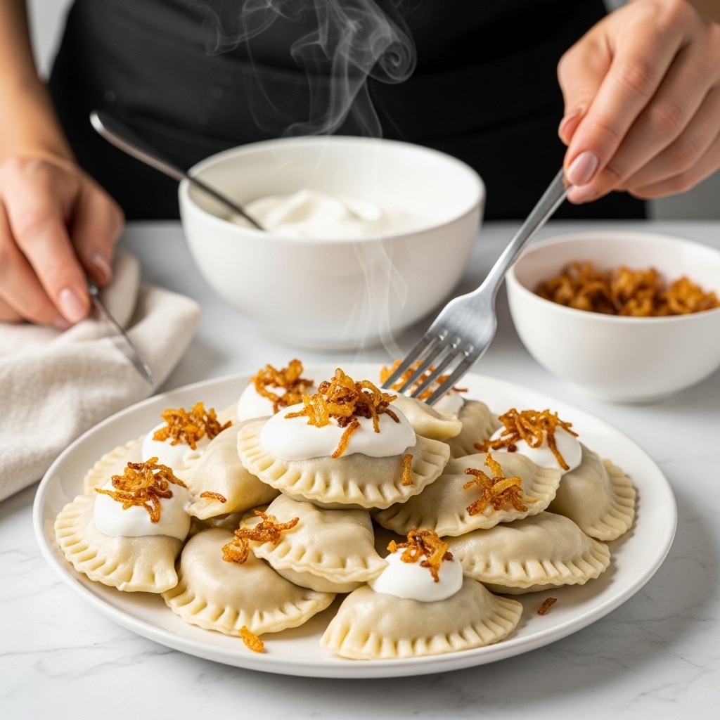 A white plate holds a serving of dumplings arranged in a circle with soft, slightly wrinkled pale dough, each dumpling topped with golden crispy fried onions. In the center is a small dollop of white sour cream, adding smooth texture. Behind the plate, a woman's hand holds a fork resting on the side, ready to eat. In the background, a white bowl filled with thick sour cream sits on a white marbled surface, softly blurred to keep focus on the dumplings. The overall look is warm and rustic with steam rising gently from the dumplings. Photo taken with an iphone --ar 4:5 --v 7