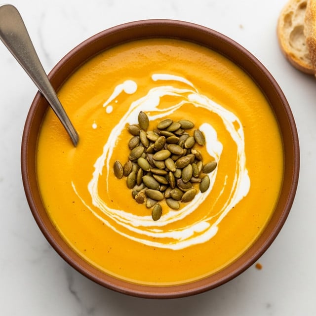 A brown bowl filled with creamy orange soup sits on a white marbled surface. The soup has a smooth texture and is topped with a swirl of white cream. In the center, there is a cluster of toasted pumpkin seeds scattered over the cream. A silver spoon rests inside the bowl, angled to the left. There is a piece of bread partially visible on the right side of the bowl. Photo taken with an iphone --ar 4:5 --v 7