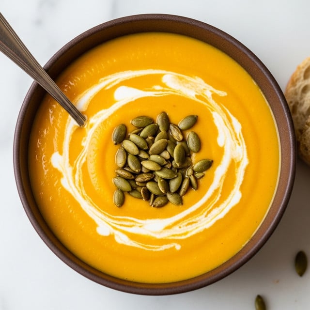 A round white bowl filled with thick orange soup, with a swirl of white cream on top forming a loose circle near the center. In the middle of the cream swirl, there is a small pile of toasted pumpkin seeds with a light brown color. A metal spoon is resting inside the bowl on the left side, and the bowl is placed on a wooden surface. Photo taken with an iphone --ar 4:5 --v 7