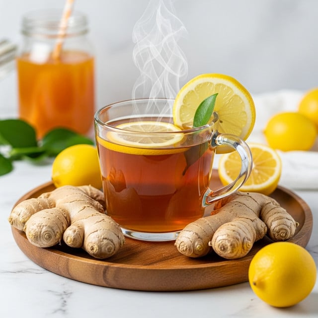 A clear glass mug filled with amber-colored hot tea, with a slice of lemon floating on top and small green leaves around it. Steam rises gently from the tea, giving a warm feel. The mug sits on a round wooden tray that also holds fresh ginger root, a few yellow lemon fruits, and some green leaves as decoration. The background shows a blurred glass jar with sliced lemons and a spoon inside. The scene rests on a white marbled surface. photo taken with an iphone --ar 4:5 --v 7