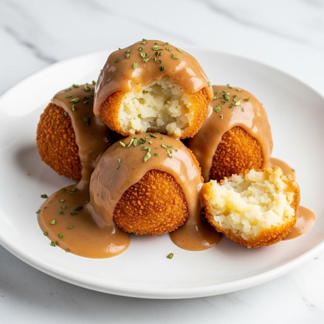 Five fried mashed potato balls with a golden-brown crispy crust are stacked on a white plate, each ball covered with a smooth, shiny brown gravy sauce that pools slightly on the plate. Some of the balls are partly bitten, showing soft, white, creamy mashed potato inside. Small green herb flakes are sprinkled on top of the gravy and the crispy crusts. The plate sits on a white marbled textured surface. photo taken with an iphone --ar 4:5 --v 7