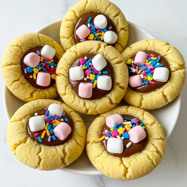 A close-up view of seven soft, golden-yellow cookies arranged in a white bowl on a white marbled surface. Each cookie has a center filled with melted chocolate, topped with small white and pink marshmallows and a mix of colorful sprinkles, including blue, purple, yellow, and orange. The cookies have a slightly cracked texture around the edges, and the toppings create a playful and festive look. Photo taken with an iphone --ar 4:5 --v 7