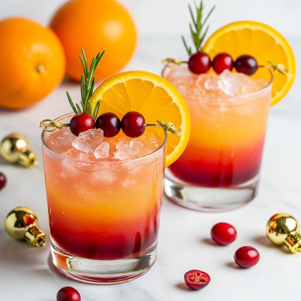 Two short clear glasses hold a layered drink, starting with a deep red color at the bottom that gently changes to bright orange and then light yellow near the top, filled with crushed ice. Each glass is topped with three dark red cranberries, a fresh green rosemary sprig, and a bright orange slice placed on the rim. The glasses sit on a white marbled surface, with whole oranges softly blurred in the background. Small shiny gold ornaments and scattered cranberries decorate the foreground. Photo taken with an iphone --ar 4:5 --v 7