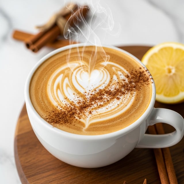 A white ceramic cup filled with frothy coffee topped with a heart-shaped latte art made with milk foam and sprinkled with cinnamon, steam gently rising from the hot drink. The cup sits on a wooden surface with cinnamon sticks and a lemon slice visible in the background, all set against a white marbled texture. Photo taken with an iphone --ar 4:5 --v 7