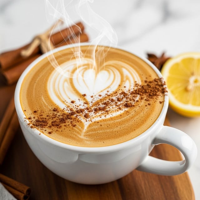 The image shows a white cup filled with hot coffee topped with creamy foam. On the foam, there is a heart-shaped design made with light brown coffee syrup or cinnamon. The foam looks soft and smooth, with a dusting of cinnamon powder over it. Steam rises gently from the cup showing the coffee is hot. The cup sits on a wooden surface, with some cinnamon sticks and half a lemon placed nearby. The overall look gives a warm and cozy feeling. Photo taken with an iphone --ar 4:5 --v 7