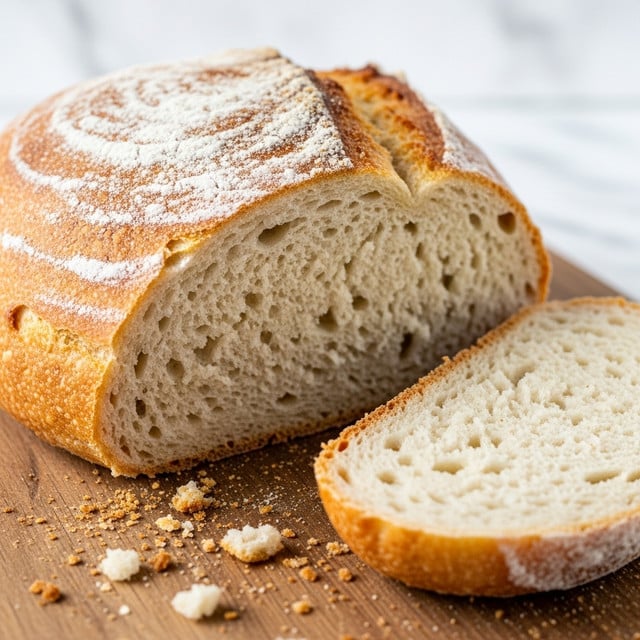 A close-up image of a freshly baked bread loaf on a wooden board with a slice cut and lying next to it. The bread has a golden-brown crust on top with a light dusting of flour and a soft, airy, white inside with visible small holes. The texture of the crust looks slightly crispy while the inside appears soft and fluffy. Crumbs are scattered around the bread on the wooden board. The background is a white marbled texture. Photo taken with an iphone --ar 4:5 --v 7