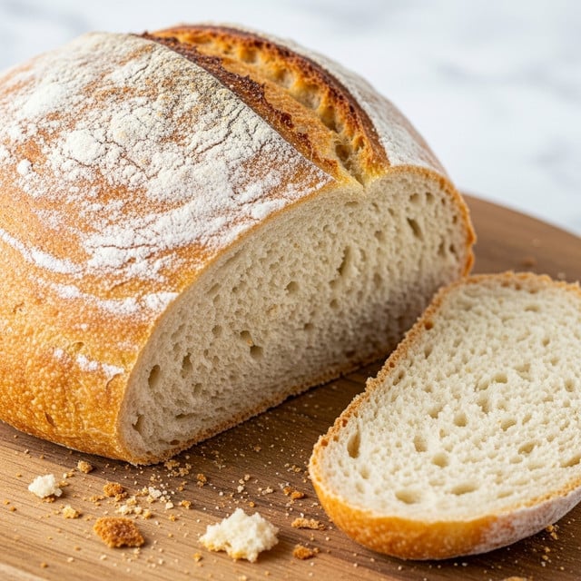 A loaf of crumb-topped bread sits on a wooden board, freshly sliced with one piece lying flat in front of the loaf. The bread has a soft, fluffy inside with an airy texture, colored light beige. The golden-brown crust shows a rugged crumb topping sprinkled unevenly across the top, adding a crunchy texture. In the background, a white bowl filled with white creamy spread is slightly out of focus, with a wooden spoon resting inside. The whole scene is set on a white marbled surface. photo taken with an iphone --ar 4:5 --v 7