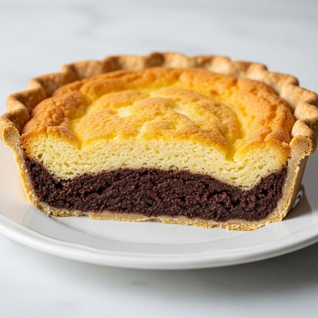 A close-up view of a pie with a crumbly, golden-brown crust that is thick, fluted, and wraps around the edges of a clear glass pie dish. Inside, there are two distinct layers: the bottom layer is a rich, dark chocolate filling with a moist, dense texture, while the top layer is a light, fluffy, and slightly browned meringue or whipped topping, shaped in a smooth spiral pattern. One slice is removed, exposing the thick layers and some crumbs scattered inside the empty space of the dish. The pie dish sits on a white marbled surface with a soft gray cloth nearby and a couple of forks visible in the background. Photo taken with an iphone --ar 4:5 --v 7