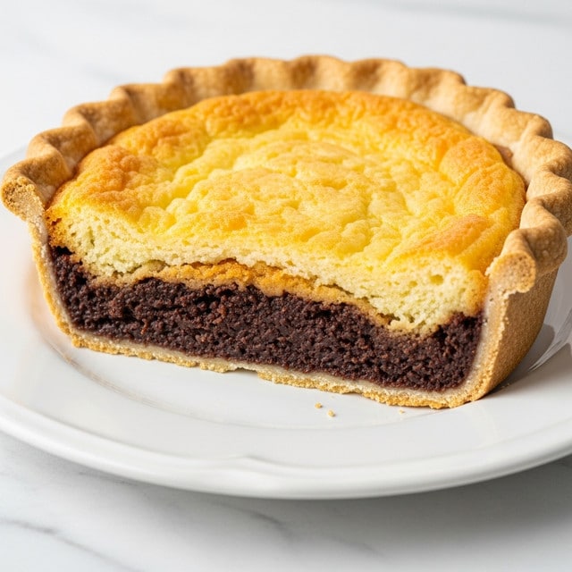 A white plate holds a thick pie with two visible layers. The bottom layer is dark brown, rich and moist, while the top layer is light golden and fluffy. The pie crust is light brown, slightly thick and crimped around the edges. The pie sits on a white marbled surface. Photo taken with an iphone --ar 4:5 --v 7