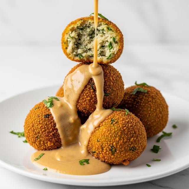 The image shows five golden-brown, crispy fried balls stacked on a white plate with a light brown gravy poured over them, pooling on the plate below. One ball on top is broken in half, revealing a soft, white, and slightly crumbly inside with bits of green herbs. The fried balls have a textured, crunchy outer layer with green specks indicating herbs mixed inside. The gravy is smooth and glossy, and the dish is garnished with small green herb pieces scattered on the balls and around the plate. The plate sits on a white marbled surface. Photo taken with an iphone --ar 4:5 --v 7