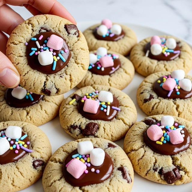 A close-up view of soft, round cookies with a slightly golden color arranged closely on a white plate. Each cookie has a glossy dark chocolate spot in the center, topped with small white and pink mini marshmallows and colorful sprinkles in pastel blue, pink, yellow, and purple. The cookies have a slightly cracked texture with visible chocolate bits inside the dough. The scene includes a woman's hand gently holding one of the cookies, highlighting their soft, thick texture against a white marbled surface in the background. Photo taken with an iphone --ar 4:5 --v 7