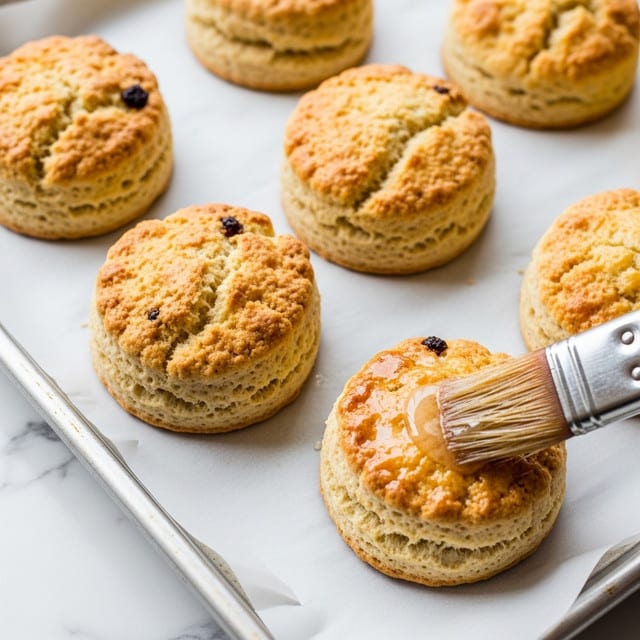 The image shows six golden-brown scones on a baking tray lined with parchment paper, placed on a white marbled surface. Each scone has a rough, uneven texture with crisp edges and a soft, slightly crumbly top. A brush with light bristles and a wooden handle gently applies a shiny glaze on one scone in the foreground, catching light on its wet surface. The scones appear fresh and fluffy, with a warm and inviting crust. Photo taken with an iphone --ar 4:5 --v 7