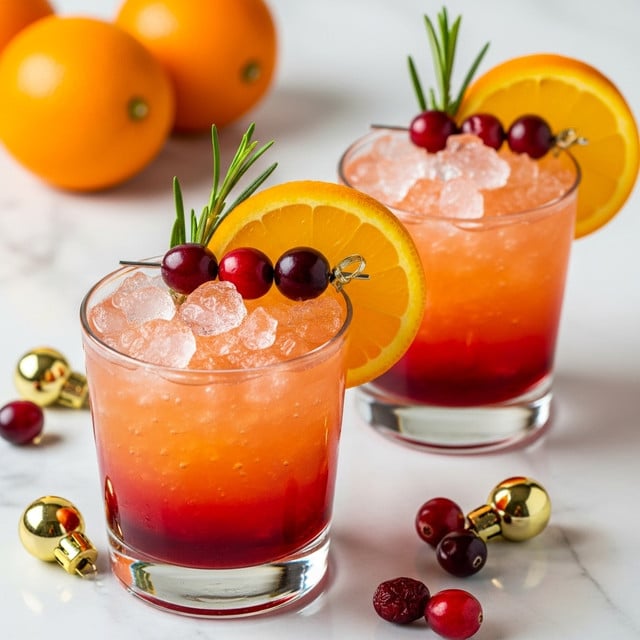 Two short clear glasses filled with a layered drink sit on a white marbled surface. Each glass has three visible layers: the bottom layer is a deep red, the middle is bright orange, and the top is a pale yellow with crushed ice filling the rest of the glass. On top of the ice, there are several dark red berries and a fresh green rosemary sprig. A wedge of orange is placed at the rim of each glass. Around the glasses, there are loose red berries and small gold glittery decorations, with whole oranges softly blurred in the background. Photo taken with an iphone --ar 4:5 --v 7