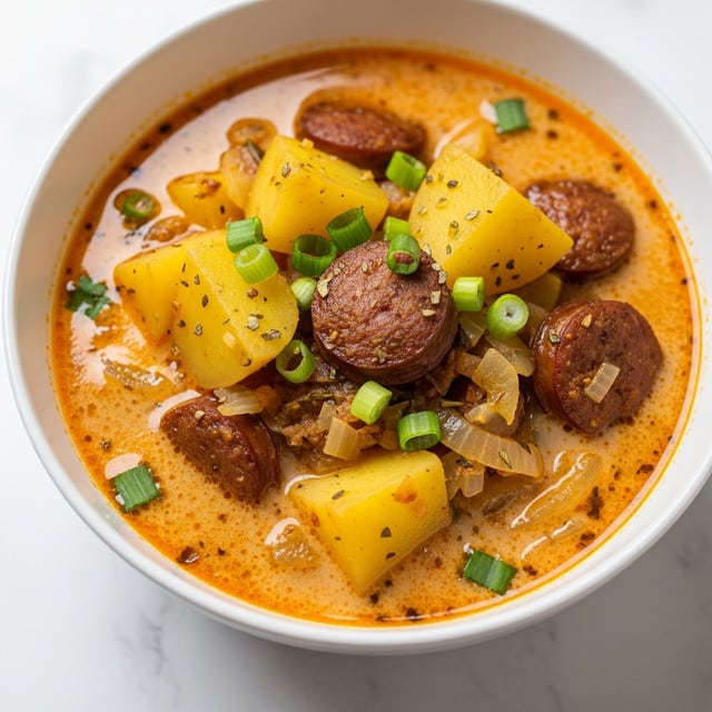 The image shows a close-up of a creamy soup in a white bowl placed on a white marbled surface. The soup has a rich orange color with visible spices floating on the surface. Large chunks of golden yellow potatoes and pieces of browned sausage are scattered throughout, giving texture and color contrast. Small pieces of green onions are sprinkled over the top, adding a fresh green touch. The soup also contains bits of translucent onions and flecks of herbs, creating layers of texture and flavor in the broth. Photo taken with an iphone --ar 4:5 --v 7