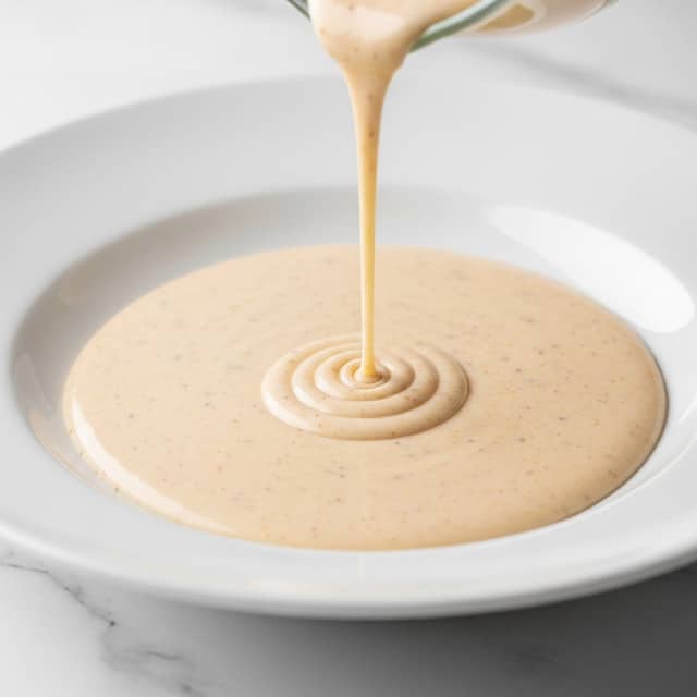 A smooth, creamy sauce with a light beige color is being poured into the center of a single flat layer on a wide, shallow white plate. The sauce has visible tiny specks of seasoning throughout, creating a soft texture. The pour is steady, forming a small ripple and slight concentric circles at the point where the sauce hits the plate. The white plate sits on a surface with a white marbled texture. photo taken with an iphone --ar 4:5 --v 7
