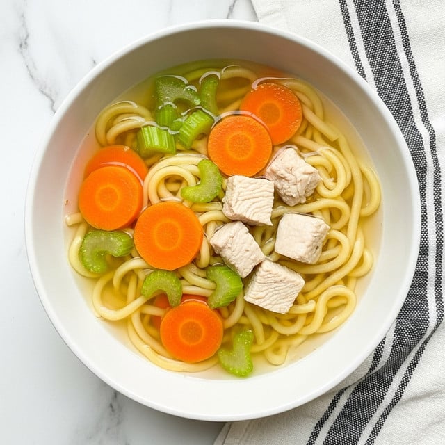 The image shows a white bowl filled with clear broth containing thick yellow noodles, sliced round orange carrots, green celery pieces, and white chicken chunks. The bowl is on a white marbled surface with a black and white striped cloth nearby. The colors of the ingredients stand out with the orange, green, and pale chicken in the light broth, creating a fresh and warm look. Photo taken with an iphone --ar 4:5 --v 7